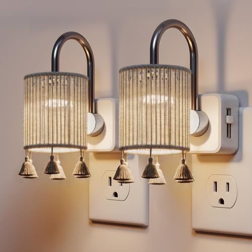 Image of L LOHAS LED Night Lights Plug into Wall, 2 Pack Boho Fabric Cylinder Night Light with Tassel, 0-100LM Dimmable Night Lights, Dusk to Dawn Sensor, Vintage Nightlight for Bedroom, Living Room, Hallway