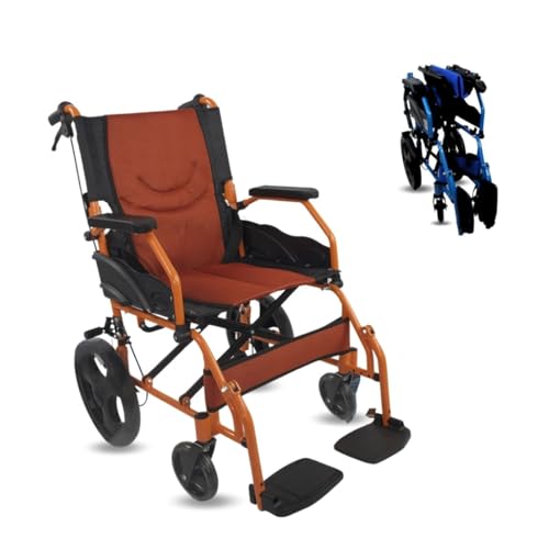 Mobiclinic®, Silla de ruedas, Plegable, Ligera, Dos sistemas freno, Respaldo, Aluminio, Reposapiés abatibles, Modelo pirámide, Pequeñas, Reposabrazos fijos (Naranja, 46 cm)