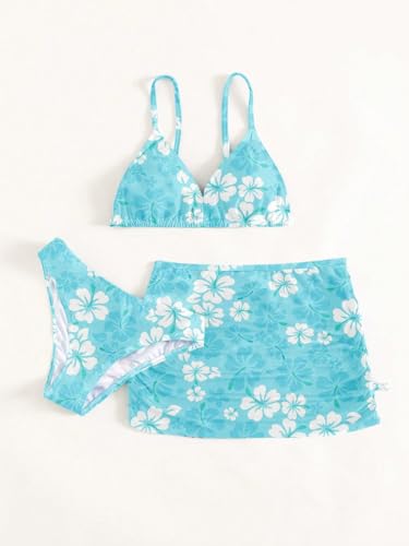 Image of COZYEASE Girls' 3 Piece Set Floral Print Bikini Swimsuit with Drawstring Beach Skirt Cute Ruched Bathing Suit