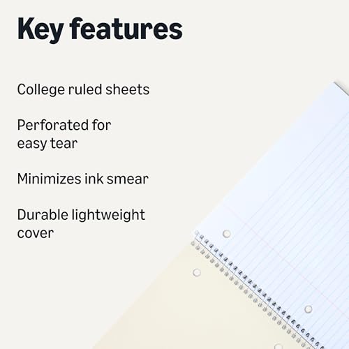 Image of Amazon Basics College Ruled Spiral Notebook, For Work and School, 70 Sheets, 8 inch x 10.5 inch, Assorted Solid Colors, 5 pack