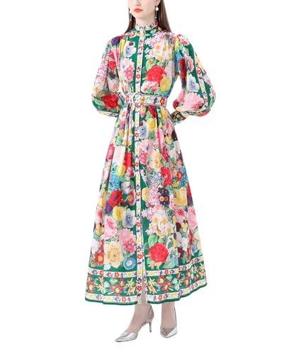 Puff Sleeve Dress for Women Party Floral with Slit Buttons