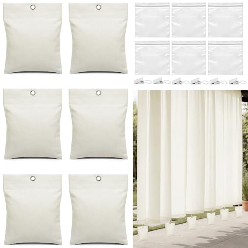 Relaxweex 6 Pack Curtain Weights, 16oz Outdoor Curtain Weighted Bag, Drapery Weighted Bottom Gazebo Weights Sandbag with Holder Clip for Drapes Cabana Gazebo Pergola Garden (White)