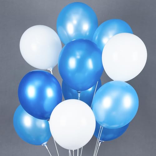 Image of PartyWoo Blue and White Balloons 100pcs 12 Inch Pearl Light Baby Pastel Sky Blue Matte White Balloons for Graduation Baby Shower Birthday Gender Reveal Anniversary Under the Sea Party Decorations