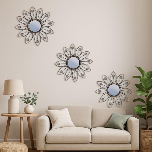 Image of Metal Sunflower Mirror Wall Decor Decorative Mirror Wall Mounted | Mirror Wall Decor for Living Room | Beautiful Metal Modern Designer Hanging Mirror Sculpture Set of 3 (Black & Copper)