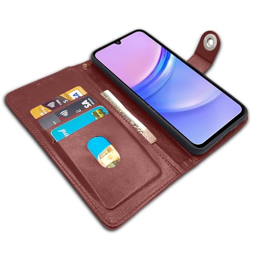 Image of Pikkme Flip Cover Leather Finish | Inside TPU with Card Pockets | Wallet Stand and Shock Proof | Complete Protection Button Flip Case for Samsung Galaxy F15 5G / M15 5G / M15 Prime 5G (Brown)