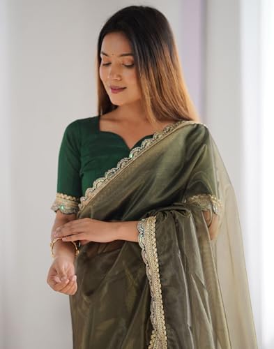 Image of SIRIL Women's Shimmer Net Lace Border Dual Tone Saree with Unstitched Blouse Piece