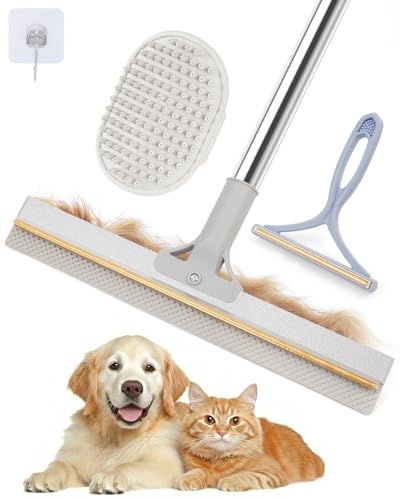 Carpet Rake for Pet Hair Removal, Reusable Pet Hair Remover Tool with 54 Inch Adjustable Long Handle, 3 Piece Carpet Scraper Set with Pet Bath Brush for Rugs, Couch, Furniture and Stairs