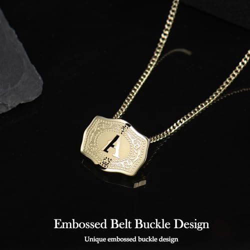 14K Gold-Plated Initial Letter Pendant Necklace with Embossed Belt Buckle, Buy 1 Get 2 Chains, Personalized Necklace for Women and Men4