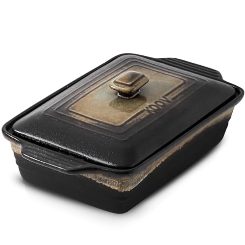 KOOV Ceramic Casserole Dish with Lid, Covered Rectangular Casserole Dish Set, Lasagna Pans with Lid for Cooking, Baking dish With Lid for Dinner, 9 x 13 Inches, Stripe Series (Rough Black)