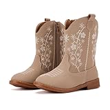 BMCiTYBM Toddler Girls Cowgirl Cowboy Boots Little Kids Pointed Toe Western Boots Floral Mid Calf Side Zipper Riding Shoes for All Seasons Camel Size 6 Toddler