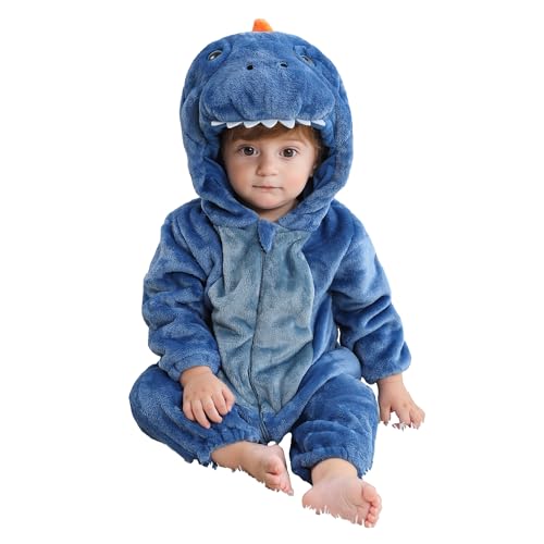 BETTERFUN Baby Animal Costume Kids Toddler Infant Hooded Romper Jumpsuit Halloween Cosplay Outfits, Blue Dinosaur, 18-24 Months