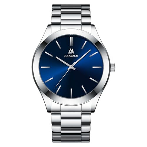 LN LENQIN Relojes Hombre Acero Inoxidable Reloj Analógico de Cuarzo para Hombre Impermeable Relojes de Pulsera Minimalista Luminoso Fecha Negocios Casual Diseñador Reloj de Hombre (0547-Silver Blue)