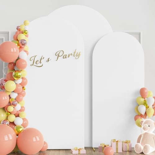 Image of Wokceer Wedding Arch Cover (8FT, 7.2FT, 6.6FT) Set of 3 Spandex Fitted Wedding Arch Stand Covers Round Top Chiara Arch Backdrop Stands Cover for Birthday Party Ceremony Banquet Decor White