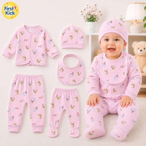 Image of First Kick Presents New Born Baby Summer Wear Baby Clothes 5Pcs Sets 100% Cotton Baby Boys Girls Unisex Baby Cotton /Summer Suit Infant Clothes First Gift for New Born Baby