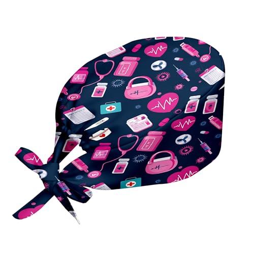 Health Symbols Pattern Adjustable Scrub Caps Women Lightweight Surgical Hat Nurse Scrub Cap for Women Men