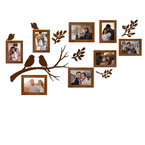 Image of Art Street Photo Frame Set Pack of 8 Piece with Decorative MDF Leaves & Birds Cutouts 4x6 inch & 5x7 inch Brown Photo Frames Wall Decor for Living Room, Family Photos Frame Set 13x18 cm & 10x15 cm