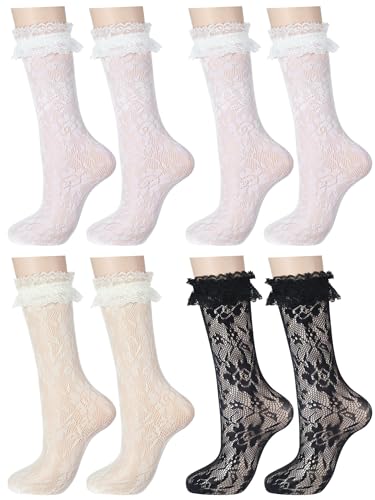 Fourluoo 4 Pairs Little Girl Knee High Socks Kids Lace Long Socks with Ruffle Stocking for The First Communion 5-12 Years Old(Black, White, Beige)