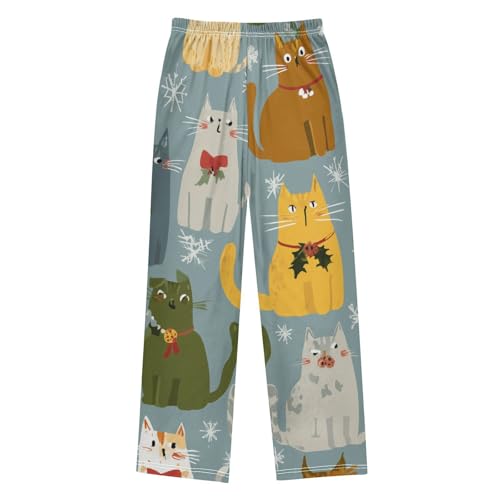 Cat Xmas Snow Boys Long Pants Soft Trousers Elastic Waist Kids Lounge Bottoms with Pockets S-XL2