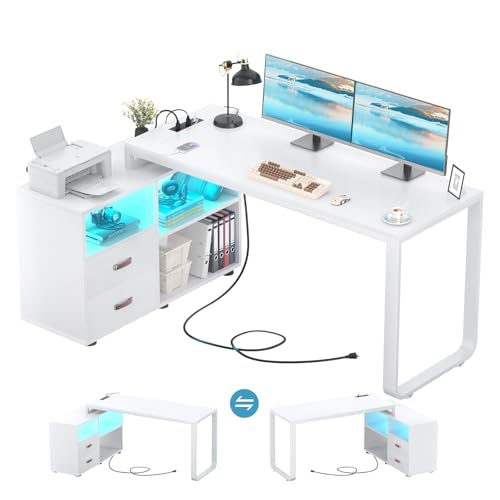 La Mejor Selección de Escritorio Oficina , tabla con los diez mejores. 45 Escritorio,140 * 54 * 76cm Escritorio en l con Archivador y Toma de Corriente, Escritorio Minimalista Reversibles Decon Tira LED, Escritorio en Forma de L Moderno Escritorio para...