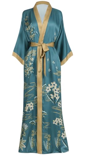 Aensso Long Floral Kimono Robe for Women - Lightweight Silky Japanese Satin Bathrobe with Soft Elegant Drape for Bridal Mornings, Spa, Vacation & Luxury Loungewear