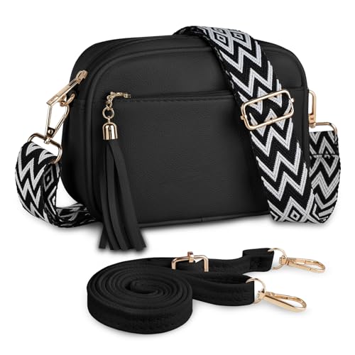Kememo Small Cross body Bag for Women Faux Leather Handbags & Shoulder Bags Camera CrossBody Bag with Adjustable Wide Strap for Travel Shopping Work Daily Use Black