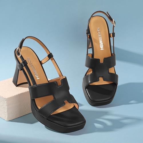 Image of ROSERWISH Womens Platform Heeled Sandals, Open Square Toe Chunky Heels, Strappy Sandals for Women, Leather Insole Dress Shoes for Prom Weeding Bride Party 3.5 inch