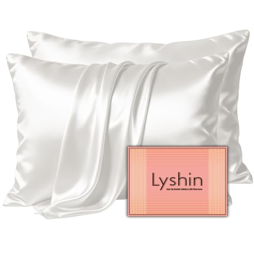 Image of LYSHIN Silk Pillow Cases 2 Pack Standard Size with Zipper, Ivory | 19 Momme Mulberry Silk Pillowcase for Skin and Hair, Anti-Acne, Hypoallergenic, Cooling, Beauty Sleep, Gifts for Women