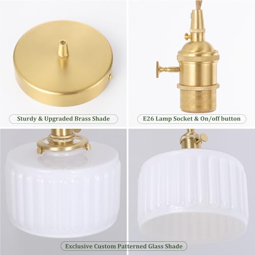 Image of Shenmoyl Pendant Light 2 Pack with White Striped Glass Lmapshade, Brass Vintage Pendant Light Adjustable Hanging Light for Kitchen Island Dining Room Hallway