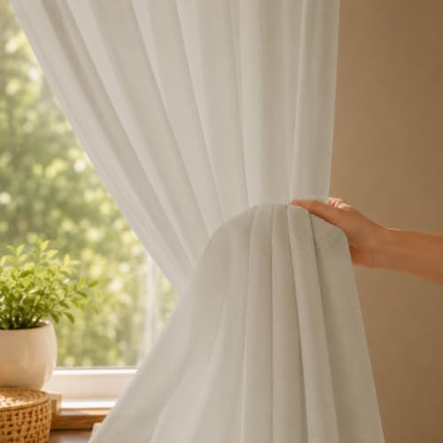 Image of LINENWALAS Aesthetic Sheer Curtains 5 Feet Long Set of 2, Poly Linen Shrink & Fade Proof Drapes for Window, Semi Transparent Modern Panels with Rod Pocket Hanging for Living Room (Mocha /5 Feet)