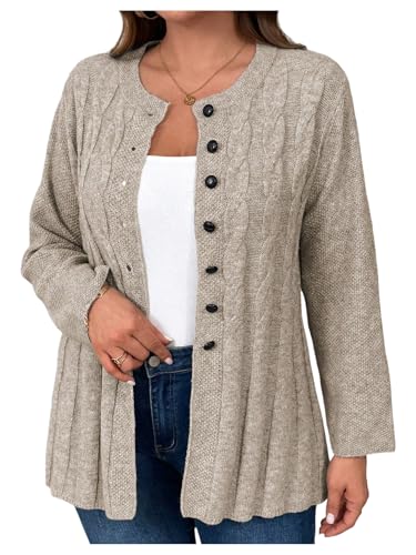 SHENHE Women's Plus Size Cable Knit Peplum Cardigan Button Down Crew Neck Soft Sweater Outerwear Coat