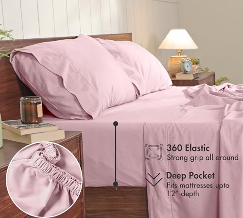 Image of RUVANTI 100% Cotton Percale Sheets California King - Crisp Cooling Summer Bed Sheets for Hot Sleepers, Deep Pocket 12 inch, Soft Peach Finish, Breathable & Durable Hotel-Style 4 Piece Set, Dusty Rose