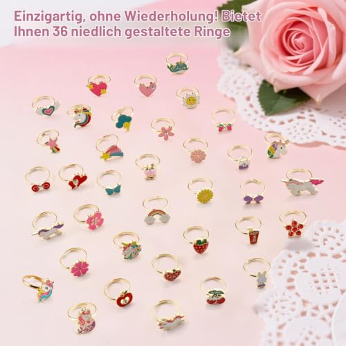 Foydream 36 Stück Kinderringe Mädchen, Schmuck Verstellbare Ringe für Einhorn, Kinderringe Mädchen mit Herzform Vitrine Perfekt für Kinder Geburtstag Party Favors