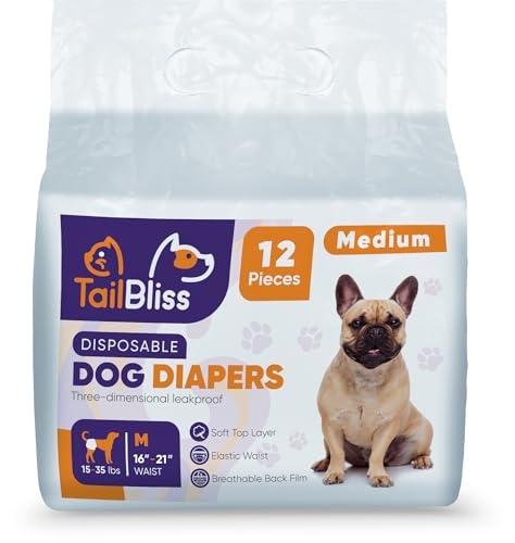 Image of TailBliss Disposable Female Dog Diapers, 12 Count | Three Dimensional Leak-Proof Protection, Wetness Indicator and Breathable Back Film (Medium)