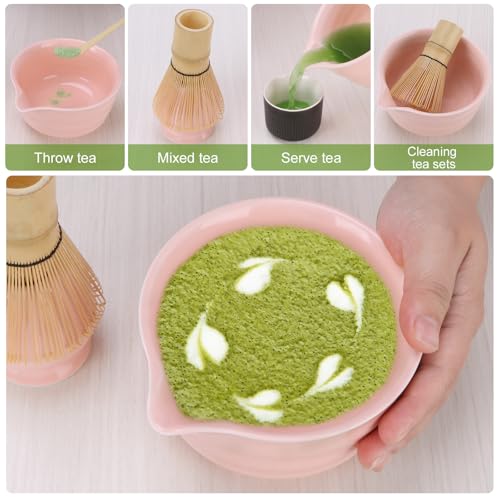Matcha-Set Rosa mit Matcha Besen Matcha Schale mit Ausgießer Besenhalter aus Keramik und Löffel - 5 Stück Matcha Set Pink für Teeliebhaber