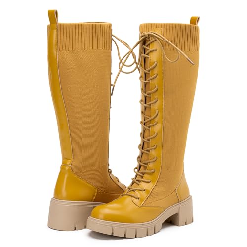 Image of Vepose Women's 953 Knee High Combat Boots Chunky Platform Heel, Lace Up Gothic Punk Work Boots for Dresses and Jeans