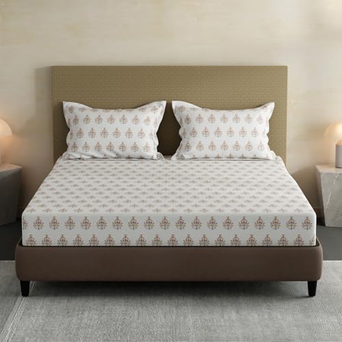 Image of Layers 100% Cotton Fitted Sheet for King Size Bed | Lumina Floret Collection | 144 TC Soft & Breathable | Floral Print with 2 Pillow Covers | Wrinkle Free & Colorfast | 3 Pc Bedding Set - White