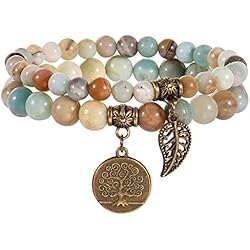 Pulsera Agatha Paris Farfume Pulseras de chakra para mujer - Pulsera de cristales de piedras curativas para mujer Piedras preciosas naturales Yoga Reiki Brazalete - Un juego de pulseras dobles(Cuentas de Amazonita)