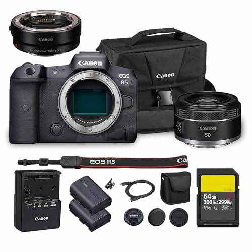 Canon EOS R5 Mirrorless Camera | 45MP Full Frame Sensor 8K Video | in-Body Image Stabilization and Dual Pixel AF for Hybrid Creators (4147C002) RF 50mm f/1.8 STM Lens + Adapter EF-EOS R + More