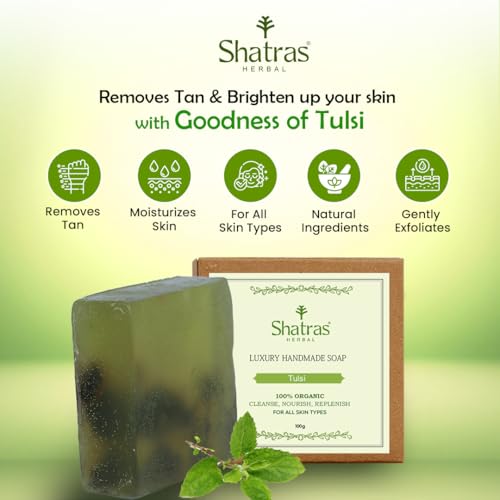 Image of Shatras Ayurvedic Handmade Premium Tulsi Bathing Soap | Herbal Soap for Acne-Prone Skin, Anti-Bacterial Care, Removes Dirt & Impurities | Suitable for All Skin Types (Pack of 3)