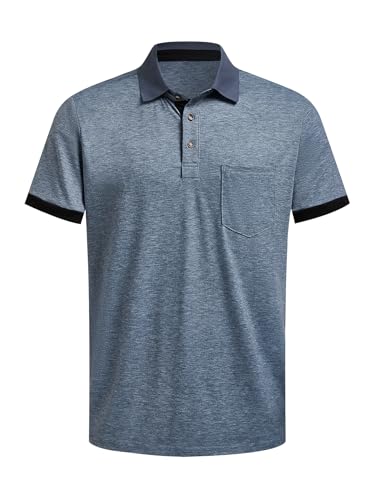 Hardaddy Men's Business Casual Polo Shirt with Pocket Work Shirts with Collar Short Sleeve Stylish Summer Contrast Color Tees Tops Shirts Slim Fit Blue S