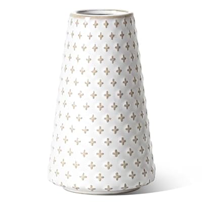 Small Flower Vase for Decor, 6 Inch White Ceramic Vase for Lego Flowers, Tulip and Pampas Grass, Embossed Farmhouse Vase for Home Living Room Dining Table Office Decor, Arctic White-Clover