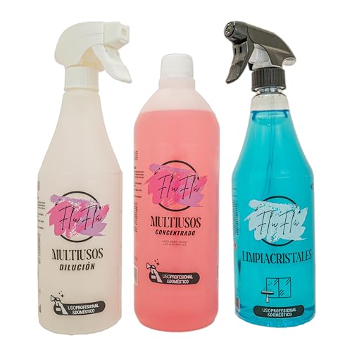 KIMIA - Pack FluFlu Limpieza Completa | Multiusos Concentrado Limpieza Profunda 1L + Limpia Cristales Secado Ultrarrápido 750 ml + Botella Vacía para Disolución 750ml | Limpia, Desinfecta y Aromatiza