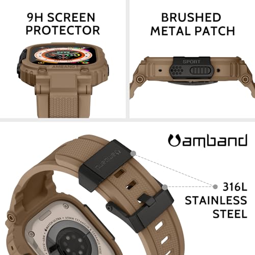 Image of amBand for Apple Watch Ultra 3 /2 /1 Screen Protector, M1 Sport Series Tough Case Fits iPhone Ultra Watch Bands 49mm, Outdoor Activities Essential Full Body Protection for Hiking Cycling - Desert Tan