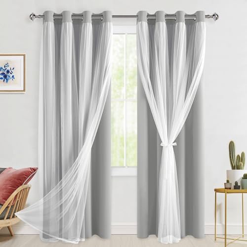 Hiasan Blackout Curtains with Sheer Overlay, Sliver Grey, 52W X 84L, 2pcs