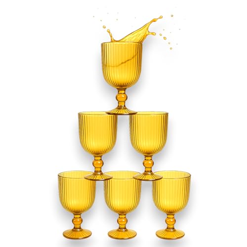 KORAT Set 6 Bicchieri Natalizi Rigati in Vetro Calici, Flute Design Elegante Rosso/Oro Per Vino, Prosecco e Decorazioni Natalizie per Tavola Natale e Festività (Calice - Rigato Oro - 260 ML)