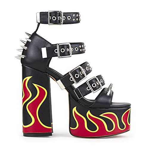 Lamoda Revin Black PU Flame Platform Sandals - Chunky Gothic Festival High Heels, Edgy Alternative Footwear, Durable Vegan Leather, Cushioned Insole, UK3