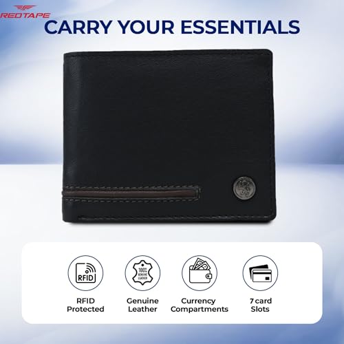 Image of Red Tape Black Brown Men's Leather Wallet | RFID Blocking Bi-Fold Wallet with Metal Logo, 7 Card Slots & 2 Cash Compartments