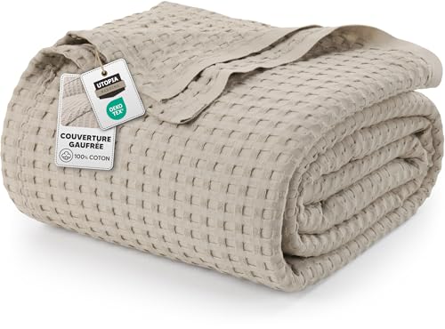 Utopia Bedding Couverture gaufrée en Coton 300 GSM (Kaki - 228 x 182 cm), Couette Douce, légère et Respirante pour Toutes Les Saisons