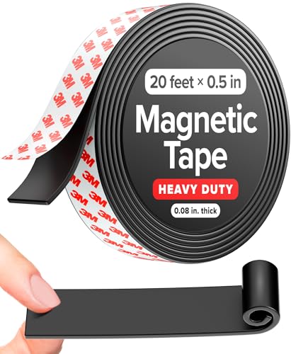 Flexible Magnetic Tape (20 feet x 1/2 inch), Magnetic Strip with Strong Self Adhesive - Magnetic Roll - Sticky Magnets for Fridge and Dry Erase Board