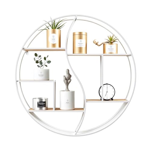 GLCS GLAUCUS Round Wall Shelf 24 inch Metal Circle Wood Floating Shelves Rustic White Wall Mounted Display Organizer Shelf for Fireplace Living Room Bathroom